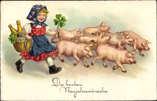Ak Glückwunsch Neujahr, Schweine, Mädchen, Sektflaschen, Glücksklee