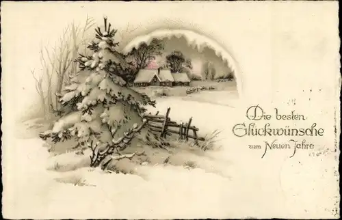 Ak Glückwunsch Neujahr, Tannenbaum, Winterlandschaft, Haus