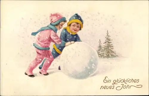 Ak Glückwunsch Neujahr, Kinder, Schneeball