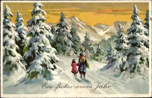 Ak Glückwunsch Neujahr, Winterlandschaft, Tannenbäume, Spaziergang