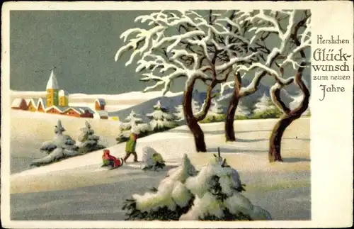Ak Glückwunsch Neujahr, Winterlandschaft, Kirche, Bäume, Schlitten