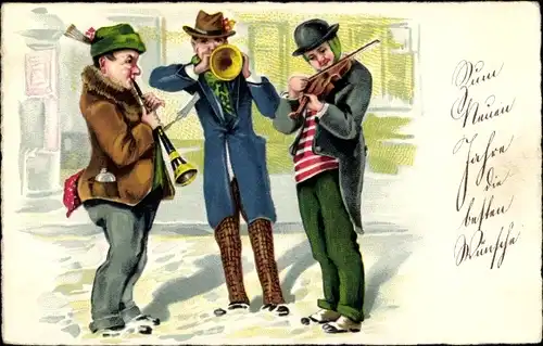 Ak Glückwunsch Neujahr, Konzert, Musikinstrumente, Trompete, Geige