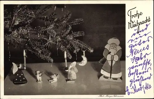 Ak Glückwunsch Weihnachten, Tannenbaum, Figuren, Spielzeuge