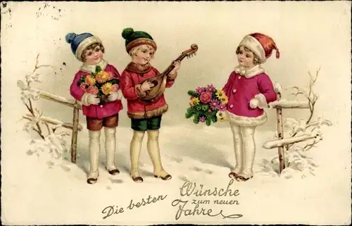 Ak Glückwunsch Neujahr, Kinder, Blumen, Musikinstrument