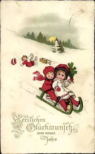Ak Glückwunsch Neujahr, Schlittenfahrt, Unfall, Kinder