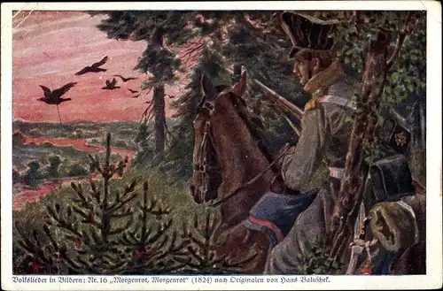 Künstler Ak Baluschek, H., Morgenrot, Morgenrot, Volkslied Nr. 16, Kolonialkriegerspende, Dt. Soldat