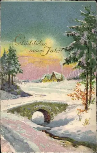 Ak Glückwunsch Neujahr, Winterlandschaft, Häuser, Brücke, Bäume