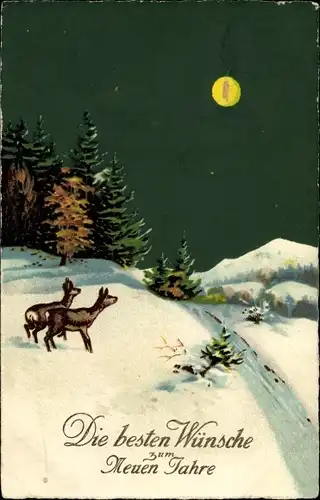 Ak Glückwunsch Neujahr, Winterlandschaft im Mondschein, Rehe, Bäume