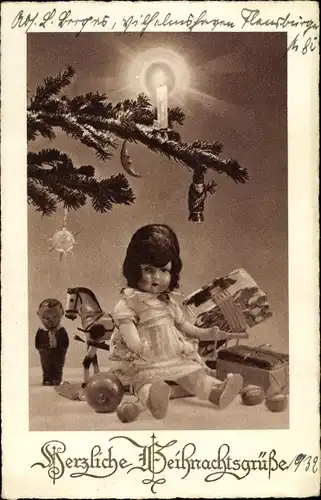 Ak Glückwunsch Weihnachten, Tannenbaum, Spielzeuge, Puppe