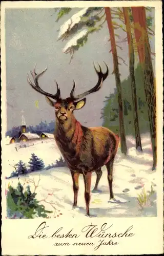 Ak Glückwunsch Neujahr, Hirsch, Winterlandschaft