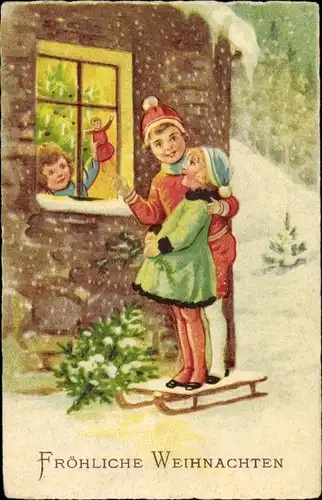 Ak Glückwunsch Weihnachten, Schlitten, Tannenbaum, Kinder, Puppe