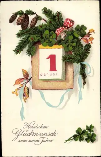 Ak Glückwunsch Neujahr, Kalender, Pilze, Glücksklee, Zapfen