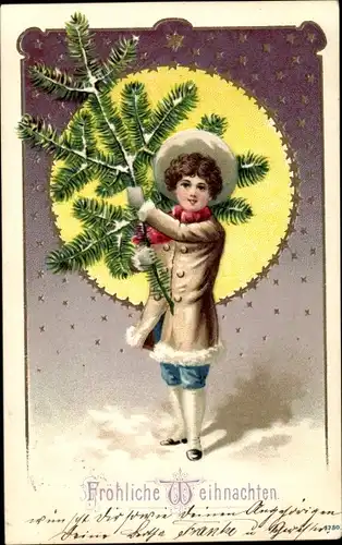 Ak Glückwunsch Weihnachten, Junge mit Tannenbaum