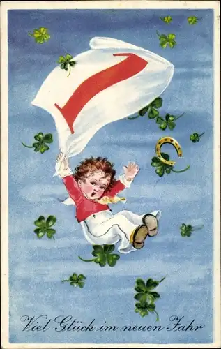 Glückwunsch Neujahr, Junge hängt am Kalenderblatt, Kleeblätter, Hufeisen