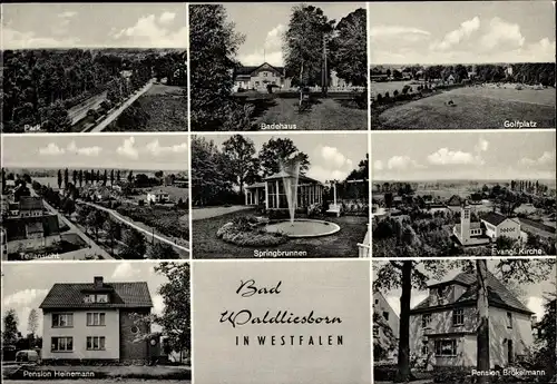 Ak Bad Waldliesborn Lippstadt in Westfalen, Pension Heinemann und Brökelmann, Kirche, Golfplatz