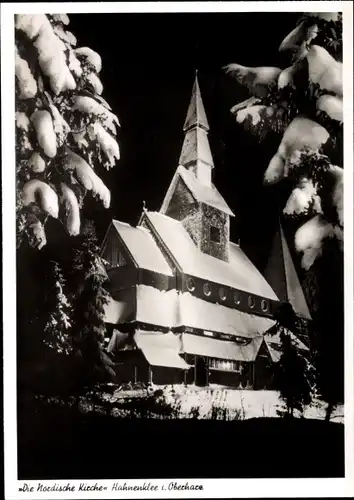 Ak Hahnenklee Bockswiese Goslar im Harz, Nordische Kirche bei Nacht, Winter