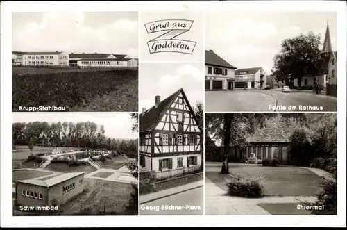 Ak Goddelau Riedstadt in Hessen, Georg Büchner Haus, Rathaus, Ehrenmal, Schwimmbad, Krupp Stahlbau