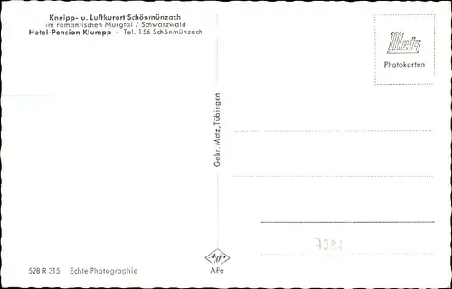 Ak Schönmünzach im Murgtal Baiersbronn im Schwarzwald, Hotel Pension Klumpp