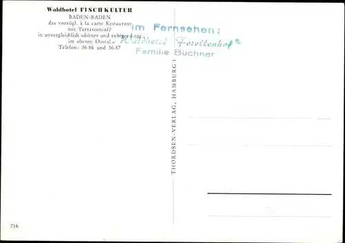 Ak Baden Baden, Waldhotel Fischkultur, Innenansicht der Gaststube