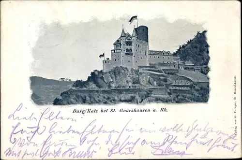 Ak St. Goarshausen am Rhein, Burg Katz, Felsen, Fahnen