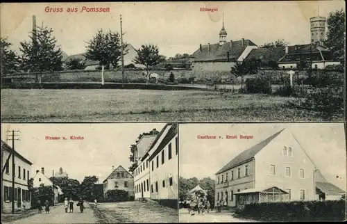 Ak Pomßen Parthenstein in Sachsen, Rittergut, Straße, Kirche, Gasthaus