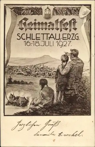 Wappen Künstler Ak Schlettau im Erzgebirge, Heimatfest 1927, Panorama, Vater, Kinder