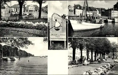 Ak Neustadt in Holstein, Marktplatz, Hafen, Yachthafen, Ortsschild