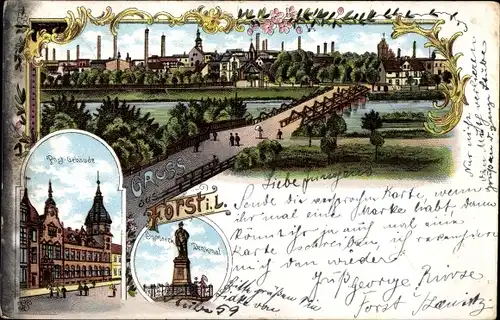 Litho Forst in der Niederlausitz, Gesamtansicht, Postgebäude, Bismarckdenkmal