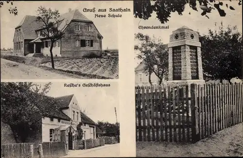 Ak Saathain Röderland Südbrandenburg, Neue Schule, Ehrendenkmal, Geschäftshaus