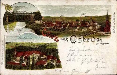 Litho Ostritz in der Oberlausitz, Gesamtansicht, Eisenbahnbrücke, Marienthal