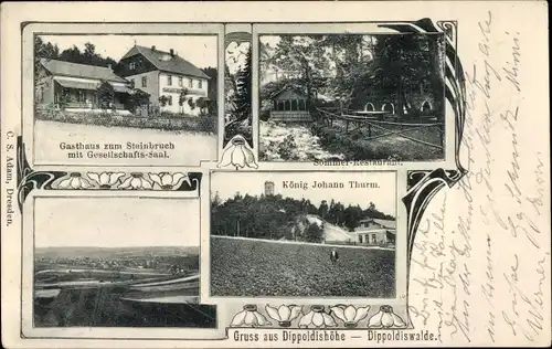 Ak Dippoldiswalde im Erzgebirge, Gasthaus zum Steinbruch, König-Johann-Turm, Sommerrestaurant