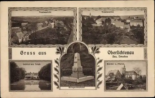 Ak Oberlichtenau Pulsnitz Sachsen, Totalansicht, Schloss mit Teich, Kirche, Pfarre, Kriegerdenkmal