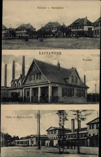 Ak Lautawerk Lauta in der Lausitz, Kolonie, Marktplatz, Postamt, Küche, Barackenstadt