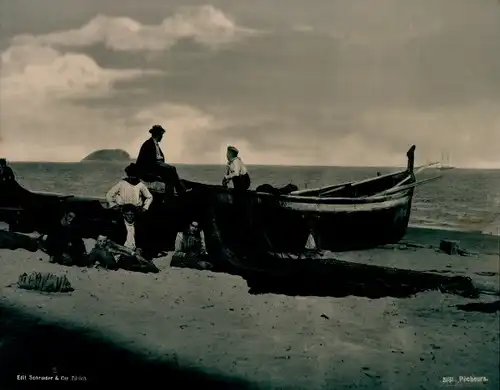 Chromotypie Pecheurs, Fischer, Fischernetz, Boot