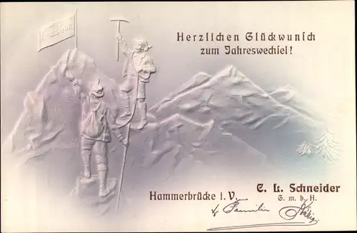 Relief Ak Hammerbrücke Muldenhammer im Vogtland, Bergsteiger, Glückwunsch, Neujahr, C. L. Schneider