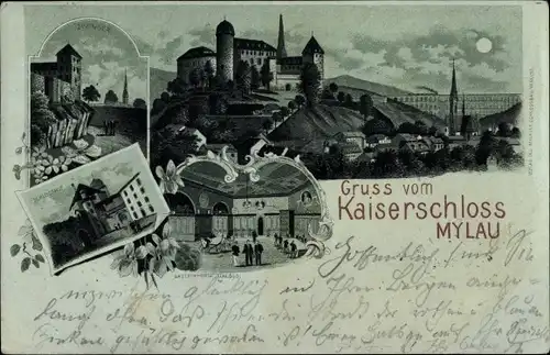 Mondschein Litho Mylau Reichenbach im Vogtland, Schloss, Zwinger, Schlosshof, Gastzimmer