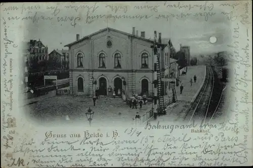 Mondschein Ak Heide in Holstein, Bahnhof