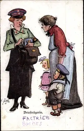 Künstler Ak Zille, Heinrich, Berlin, Briefträgerin, Mutter mit Kindern