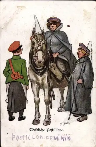 Künstler Ak Zille, Heinrich, Berlin, Weibliche Postillione