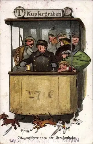 Künstler Ak Zille, Heinrich, Berlin, Wagenführerinnen der Straßenbahn zum Kupfergraben