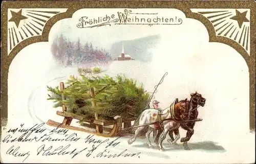 Präge Ak Glückwunsch Weihnachten, Pferdeschlitten, Transport einer Tanne