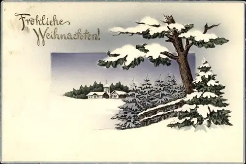 Litho Glückwunsch Weihnachten, Winterlandschaft, Gebäude, Tannenbaum