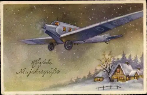 Ak Glückwunsch Neujahr, Passagierflugzeug über Winterlandschaft