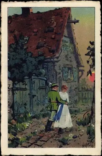Künstler Ak Kux, Erich, Sonnenuntergang, Paar vor einem Haus