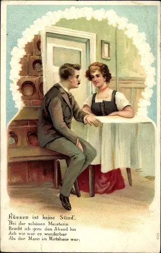 Präge Litho Küssen ist keine Sünd, Amor, Mann und Frau am Tisch