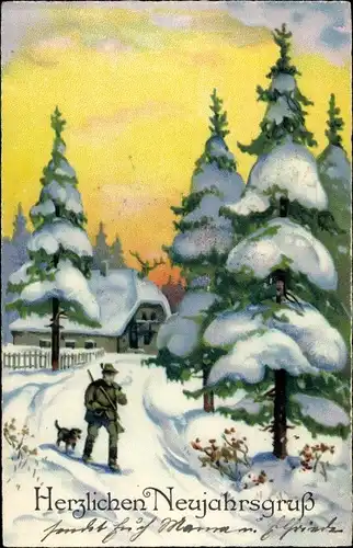 Ak Glückwunsch Neujahr, Förster mit Hund, Jäger, Winterlandschaft