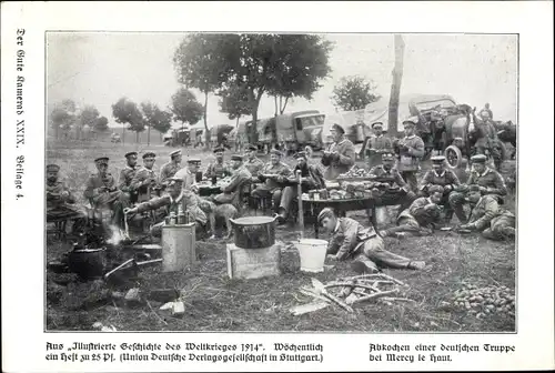 Ak Abkochen einer deutschen Truppe bei Mercy le Haut, deutsche Soldaten, Feldküche, Konvoi, 1. WK