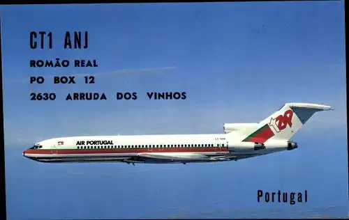 Ak Portugiesisches Passagierflugzeug Air Portugal, QSL Funker Karte CT1 ANJ Romao Real, Arruda d. V.