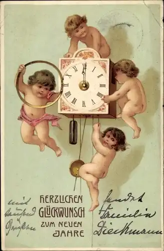 Ak Glückwunsch Neujahr, Wanduhr, Kinder