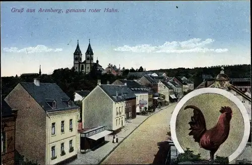 Ak Arenberg Koblenz in Rheinland Pfalz, Teilansicht vom Ort, auch genannt roter Hahn, Kirche